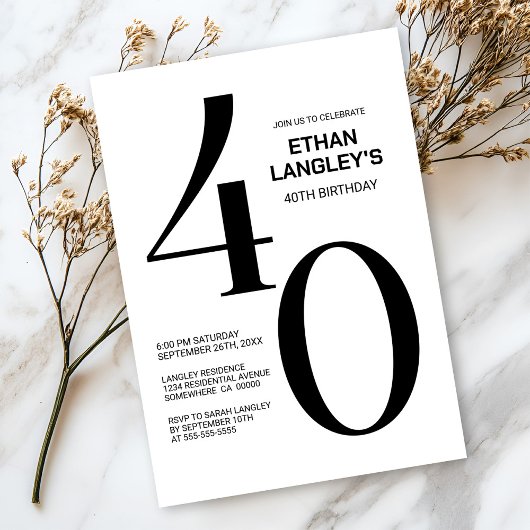 黒モダン白40歳の誕生日パーティー 招待状