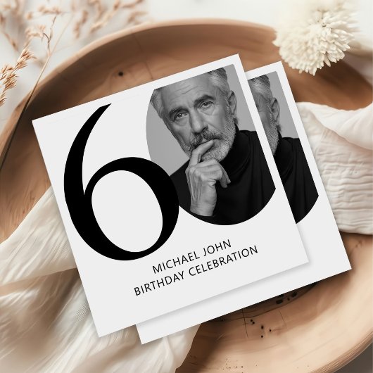 黒モダン白60thフォト誕生日 スタンダードカクテルナプキン