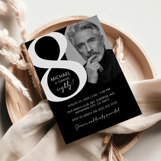 黒モダン白80thフォトバースデーパーティー 招待状