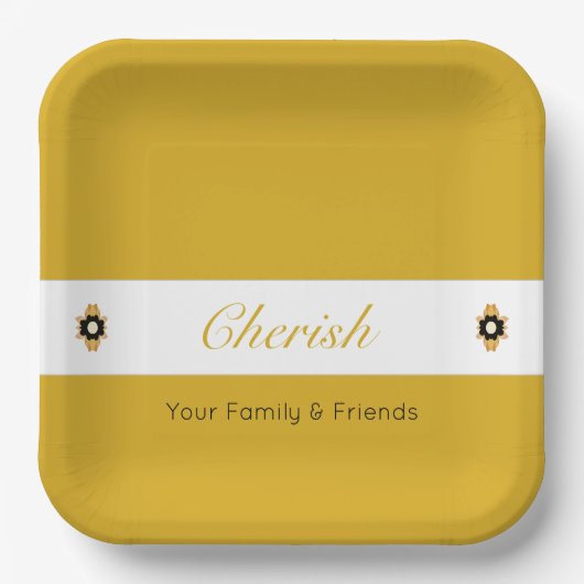 黒モダン白、金ゴールドフローラ正方形 ペーパープレート (正面)