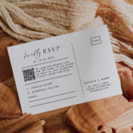 黒モダン白QRコー結婚ドRSVPポストカード 出欠カード