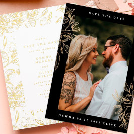 黒モダン筆植物画結婚像Sa 箔招待状