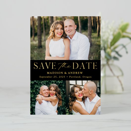 黒モダン箔と金箔3写真の保存日付 箔招待状 (立ち正面)