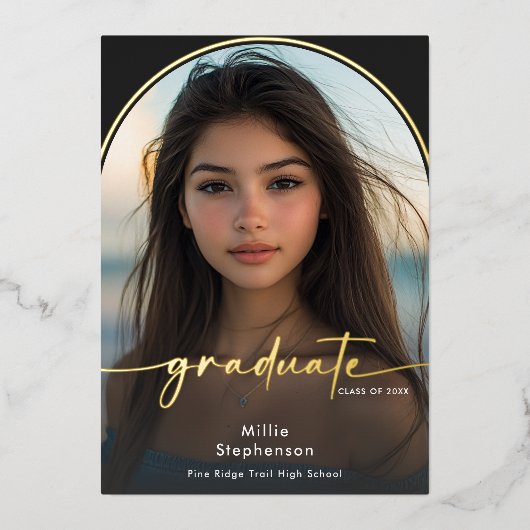 黒モダン箔ミニマルの卒業発表 箔招待状 (正面)