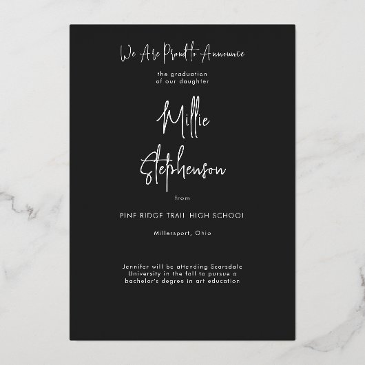 黒モダン箔ミニマルの卒業発表 箔招待状 (裏面)