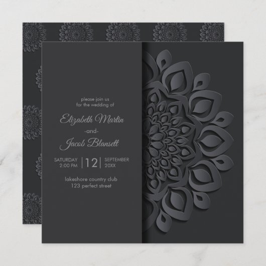 黒モダン紙カットマンダラピーカブー結婚ズ 招待状 (正面/裏面)