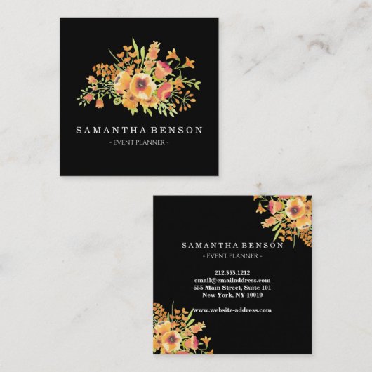 黒モダン級水彩フローラパーソナライズされた スクエア名刺 (正面/裏面)