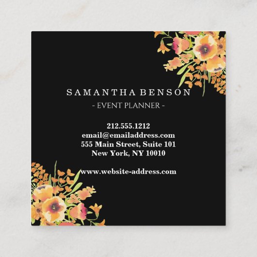 黒モダン級水彩フローラパーソナライズされた スクエア名刺 (裏面)