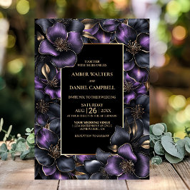 黒モダン紫グレーフローラ結婚ズ 招待状