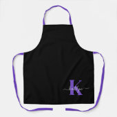 黒モダン紫スクリプトモノグラム エプロン (正面)