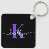 黒モダン紫スクリプトモノグラム キーホルダー (裏面)