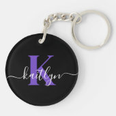 黒モダン紫スクリプトモノグラム キーホルダー (裏面)