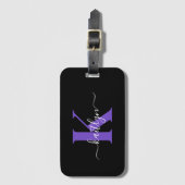 黒モダン紫スクリプトモノグラム ラゲッジタグ (正面縦)