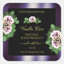 黒モダン紫色の製品ラベルフローラバラ スクエアシール