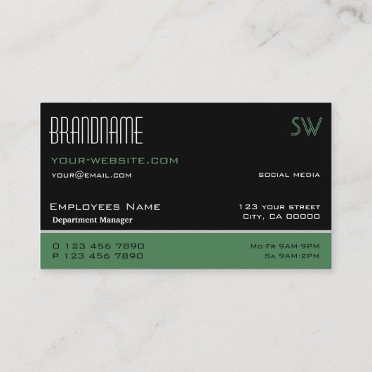 黒モダン緑と白のモノグラムシンプル付き 名刺 (裏面)