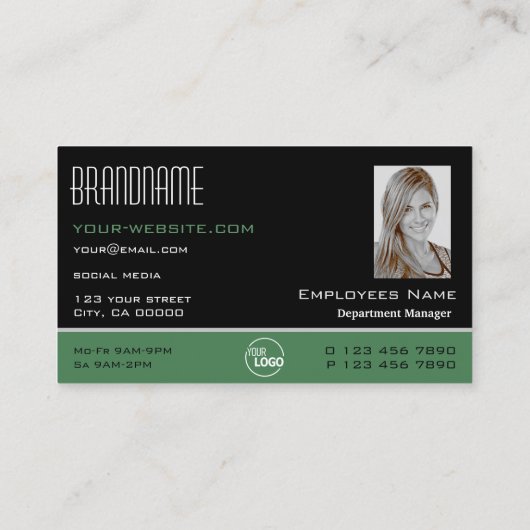 黒モダン緑の白いシンプルのロゴと写真 名刺 (裏面)