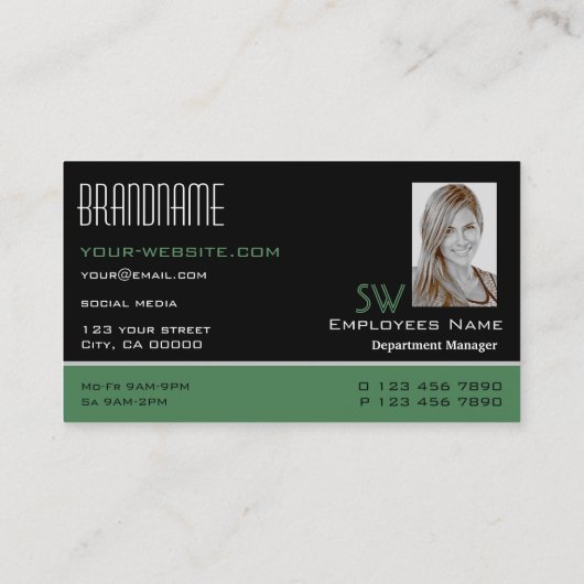 黒モダン緑の白、モノグラムと写真 名刺 (裏面)