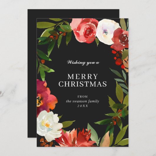 黒モダン緑リースクリエレガントスマス シーズンカード (正面/裏面)