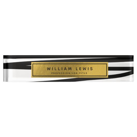 黒モダン線および金ゴールド線抽象芸術営業所 デスクネームプレート (正面)