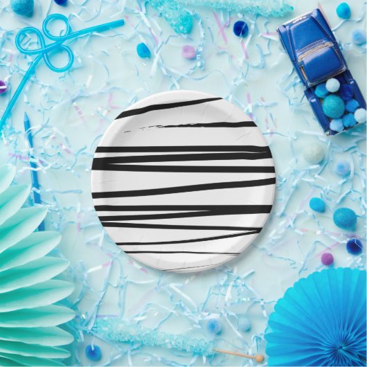 黒モダン線と白の線抽象芸術アート ペーパープレート (パーティー)