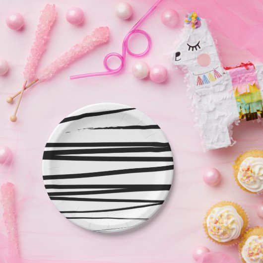 黒モダン線と白の線抽象芸術アート ペーパープレート (パーティー)