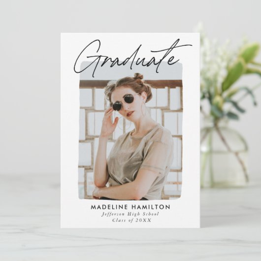 黒モダン署名スクリプト写真卒業 案内状 (スタンド正面)