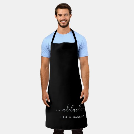 黒モダン美容師メイクアップアーティストサロン名 エプロン (着用した状態)