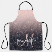 黒モダン色とピンク色のグリッターのスパークル名 エプロン (正面)