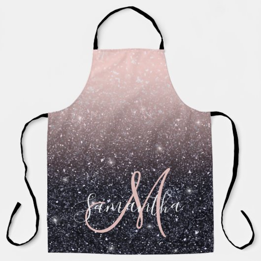 黒モダン色とピンク色のグリッターのスパークル名 エプロン (正面)