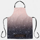 黒モダン色とピンク色のグリッターのスパークル名 エプロン (正面)