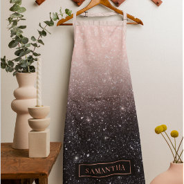 黒モダン色とピンク色のグリッターのスパークル名 エプロン