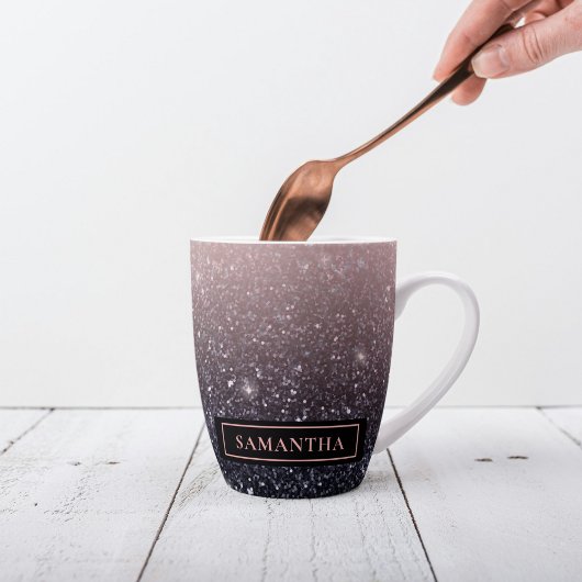 黒モダン色とピンク色のグリッターのスパークル名 カフェラテマグ