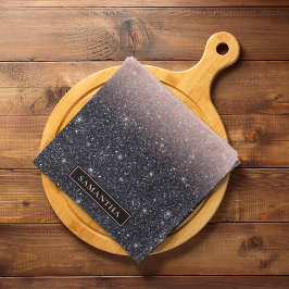 黒モダン色とピンク色のグリッターのスパークル名 キッチンタオル