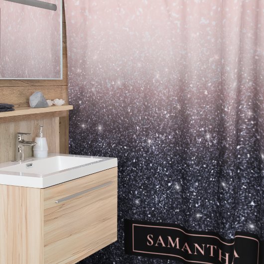 黒モダン色とピンク色のグリッターのスパークル名 シャワーカーテン