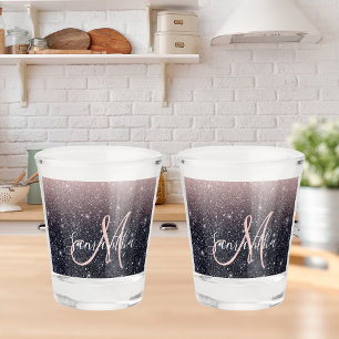 黒モダン色とピンク色のグリッターのスパークル名 ショットグラス