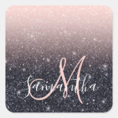 黒モダン色とピンク色のグリッターのスパークル名 スクエアシール (正面)
