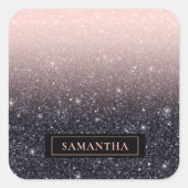黒モダン色とピンク色のグリッターのスパークル名 スクエアシール (正面)
