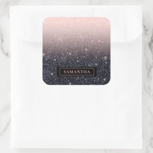 黒モダン色とピンク色のグリッターのスパークル名 スクエアシール (バッグ)