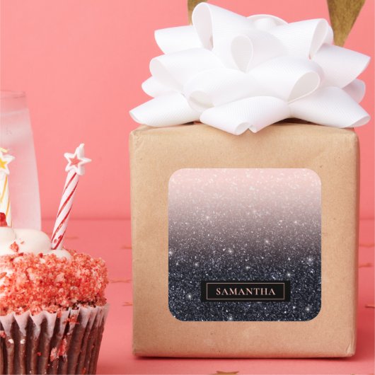 黒モダン色とピンク色のグリッターのスパークル名 スクエアシール (パーティー)