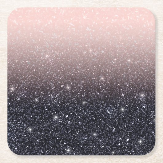 黒モダン色とピンク色のグリッターのスパークル名 スクエアペーパーコースター (正面)