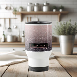 黒モダン色とピンク色のグリッターのスパークル名 トラベルマグ