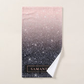 黒モダン色とピンク色のグリッターのスパークル名 バスタオルセット (ハンドタオル)
