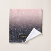 黒モダン色とピンク色のグリッターのスパークル名 バスタオルセット (ウォッシュタオル)