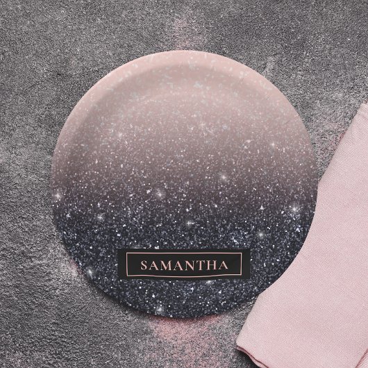 黒モダン色とピンク色のグリッターのスパークル名 ペーパープレート