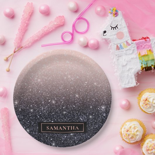 黒モダン色とピンク色のグリッターのスパークル名 ペーパープレート (パーティー)