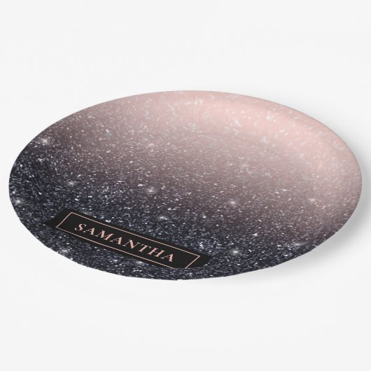 黒モダン色とピンク色のグリッターのスパークル名 ペーパープレート (アングル)