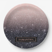 黒モダン色とピンク色のグリッターのスパークル名 ペーパープレート (正面)