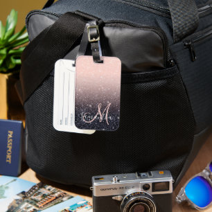 黒モダン色とピンク色のグリッターのスパークル名 ラゲッジタグ