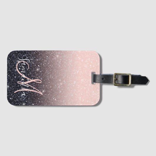 黒モダン色とピンク色のグリッターのスパークル名 ラゲッジタグ (正面横)