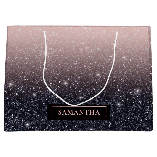 黒モダン色とピンク色のグリッターのスパークル名 ラージペーパーバッグ (正面)